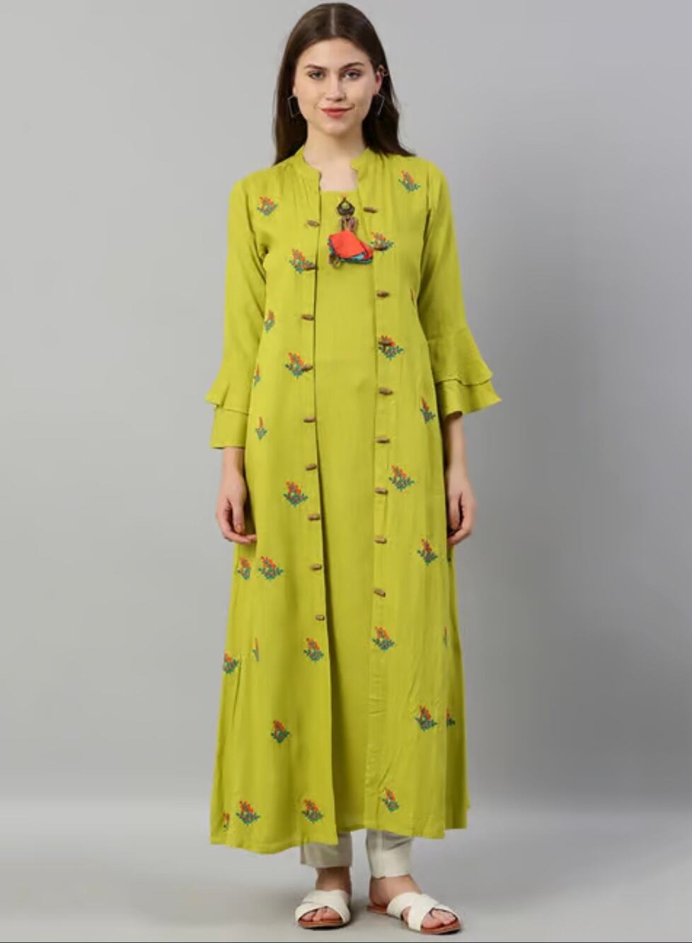 Neerus Green Embroidered A Line Kurta w/ Jacket Maxi Bell Sleeve Womens XXL 2XL